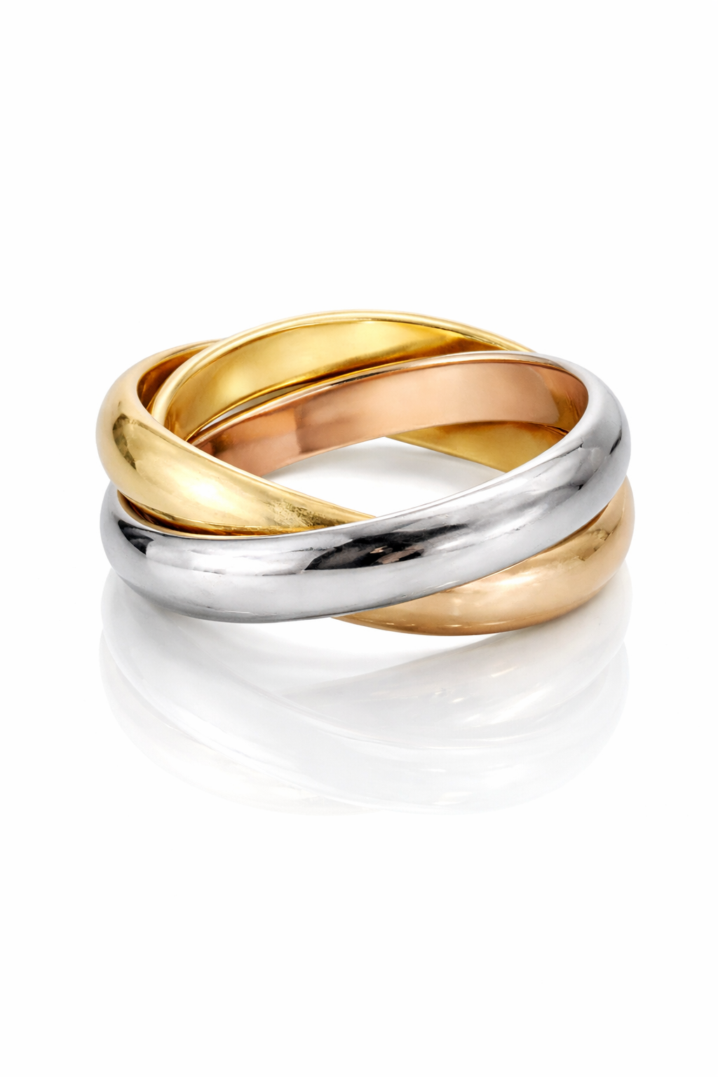 Drei ineinandergreifende Ringe aus Gelbgold, Weißgold und Roségold
