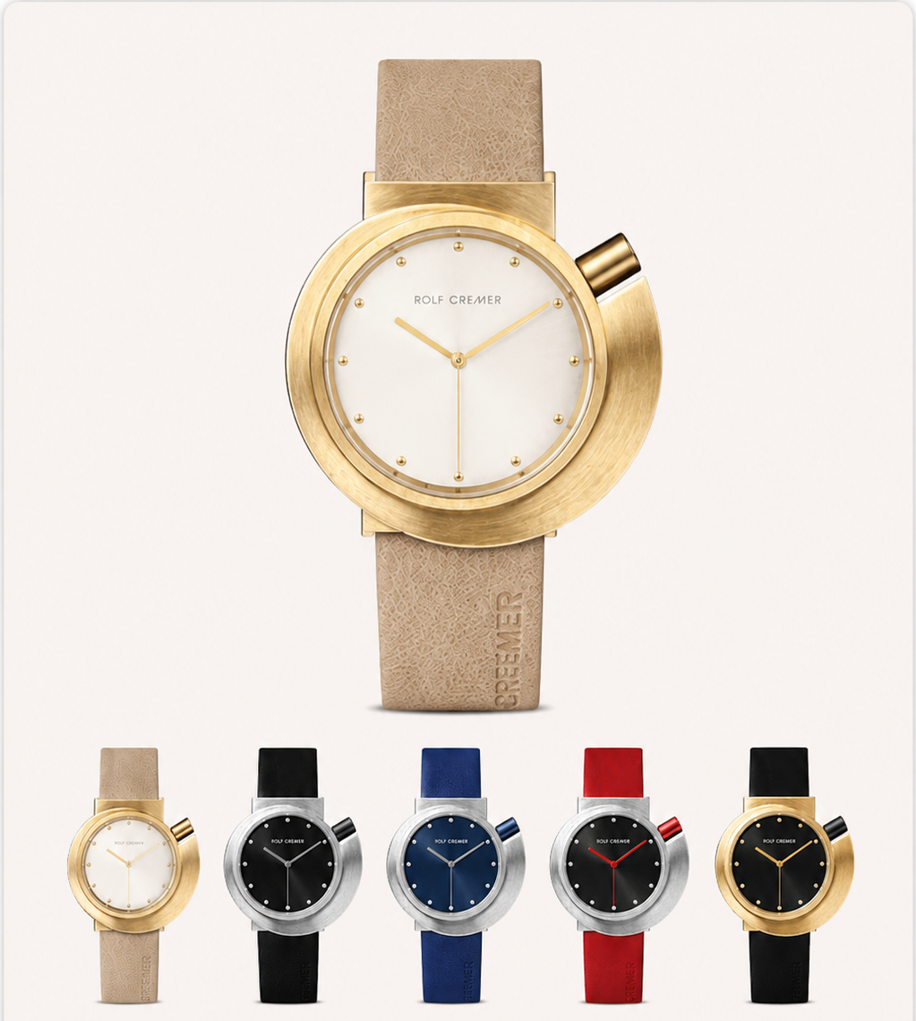 Goldfarbene Armbanduhr mit rundem hellem Zifferblatt