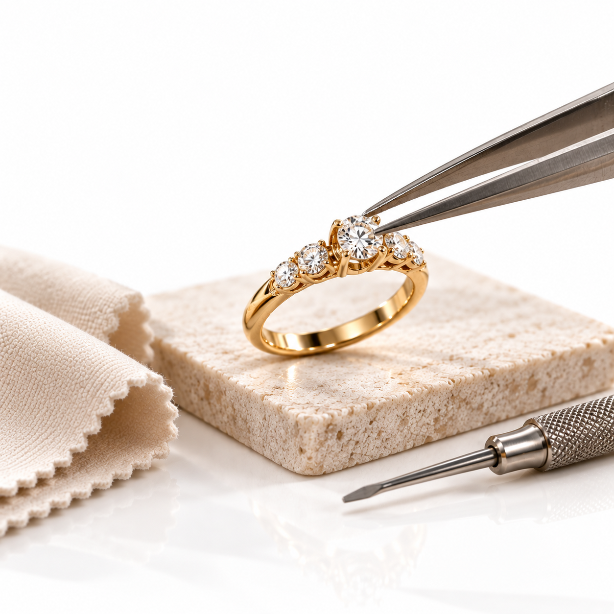 Goldring mit Diamant auf einer Schmuckpräsentation