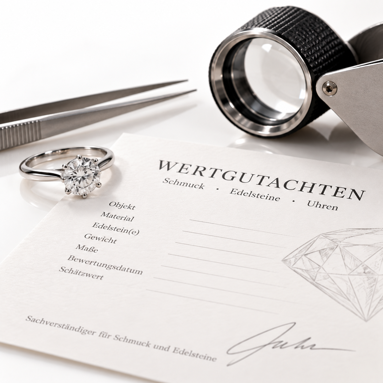 Wertgutachten für Schmuck mit Diamantring und Lupe
