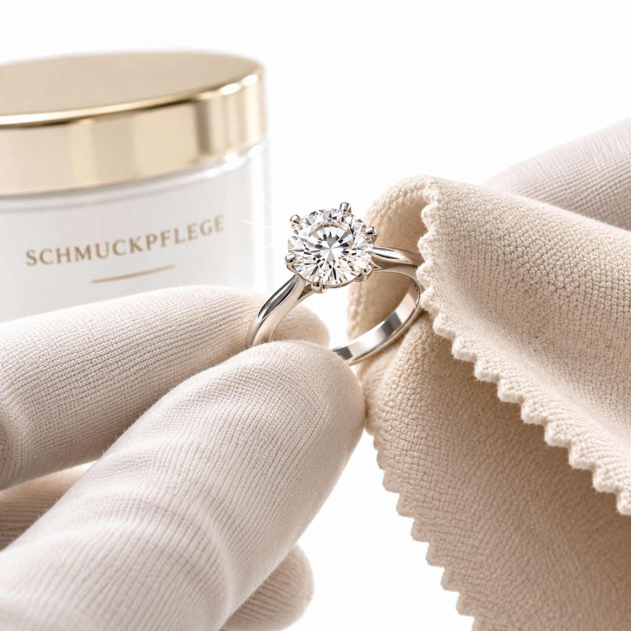 Diamantring wird mit einem weichen Tuch neben einem Schmuckpflegeprodukt gereinigt