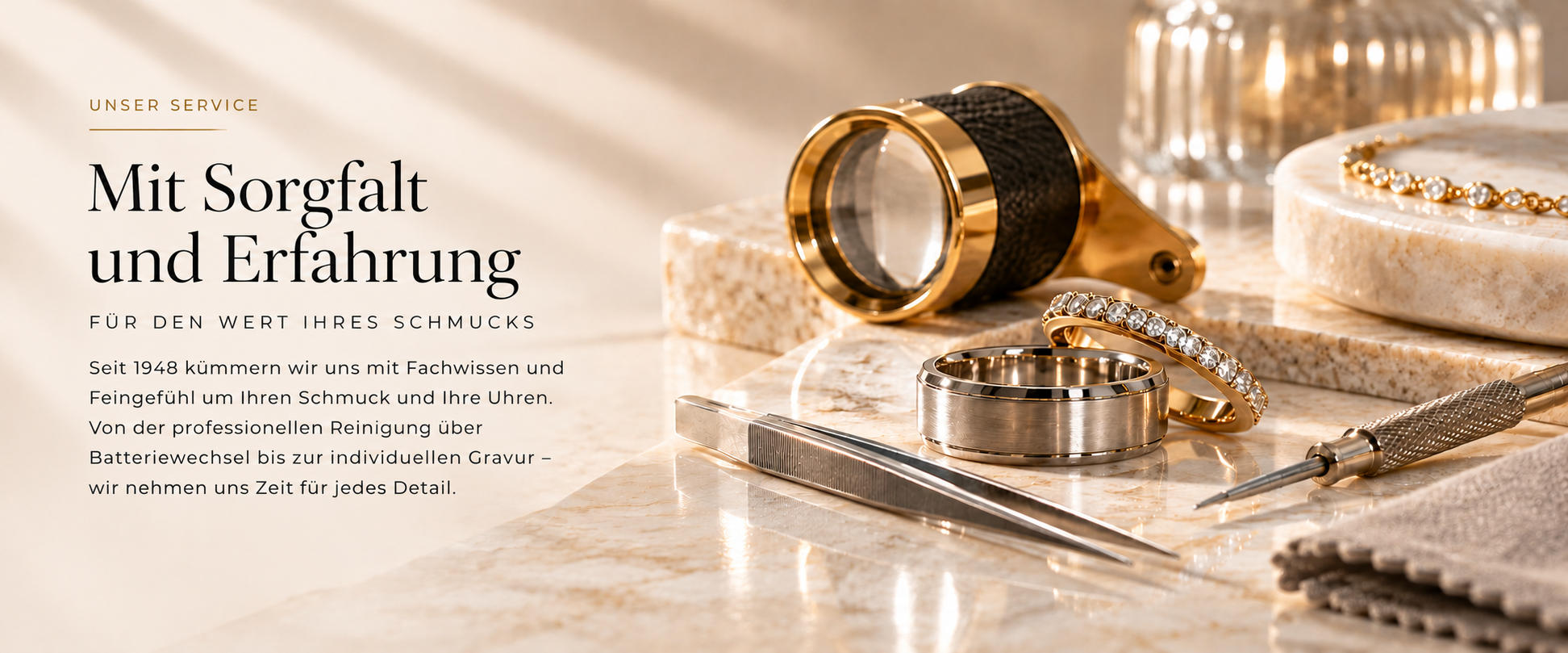 Schmuck und Armbanduhren mit Uhrmacherwerkzeug für den Service bei Juwelier Wagner Reinhardt
