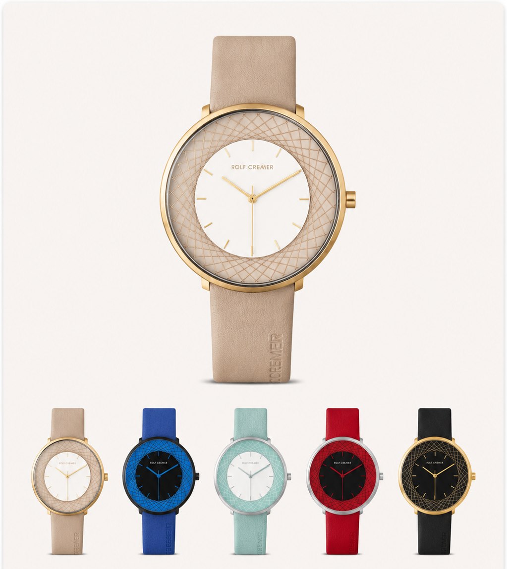 Helle beige Armbaduhr mit Lederband, goldenes Gehäuse, darunter farbvarianten