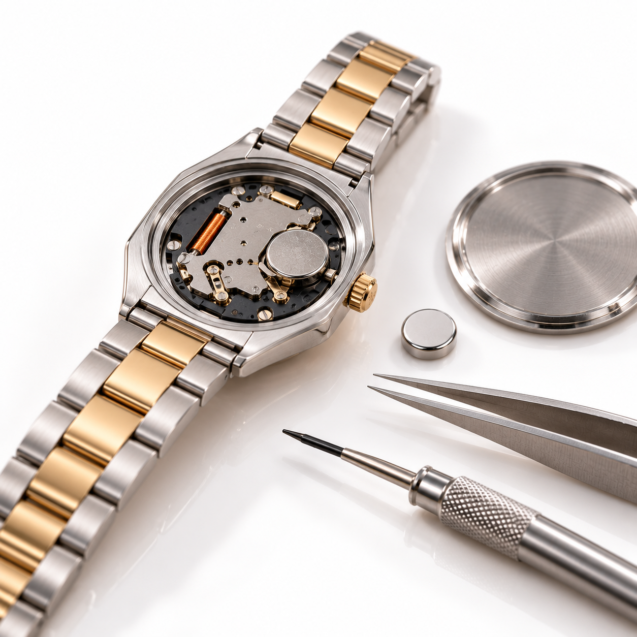 Armbanduhr mit geöffnetem Gehäuse und erneuerter Batterie beim Batteriewechsel