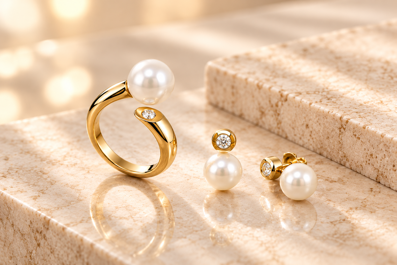 Goldring mit weißer Perle und kleinem Diamant, Ohrstecker mit Perle und Diamant auf heller Ablage