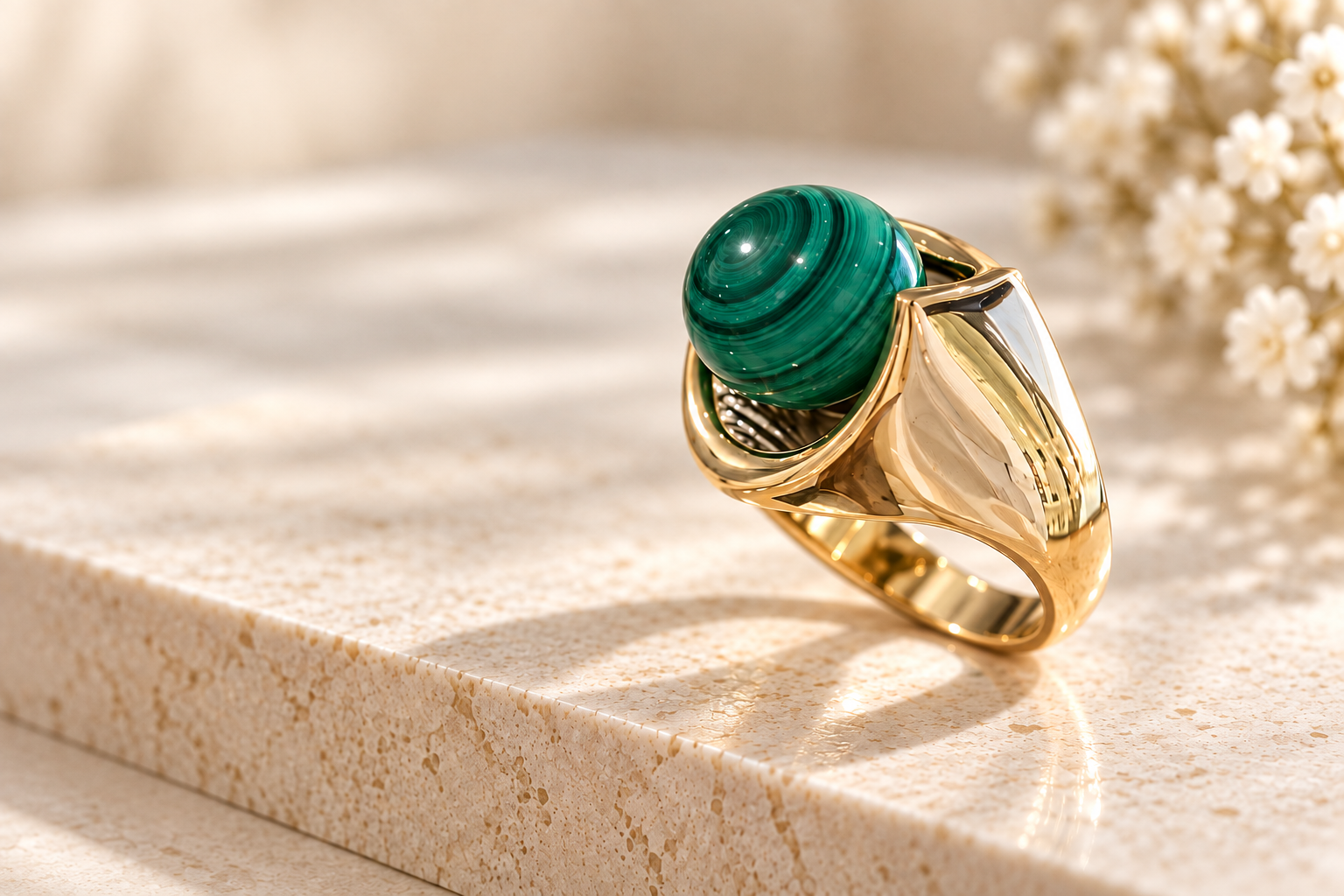 Goldring mit Malachit Kugel auf heller Ablage