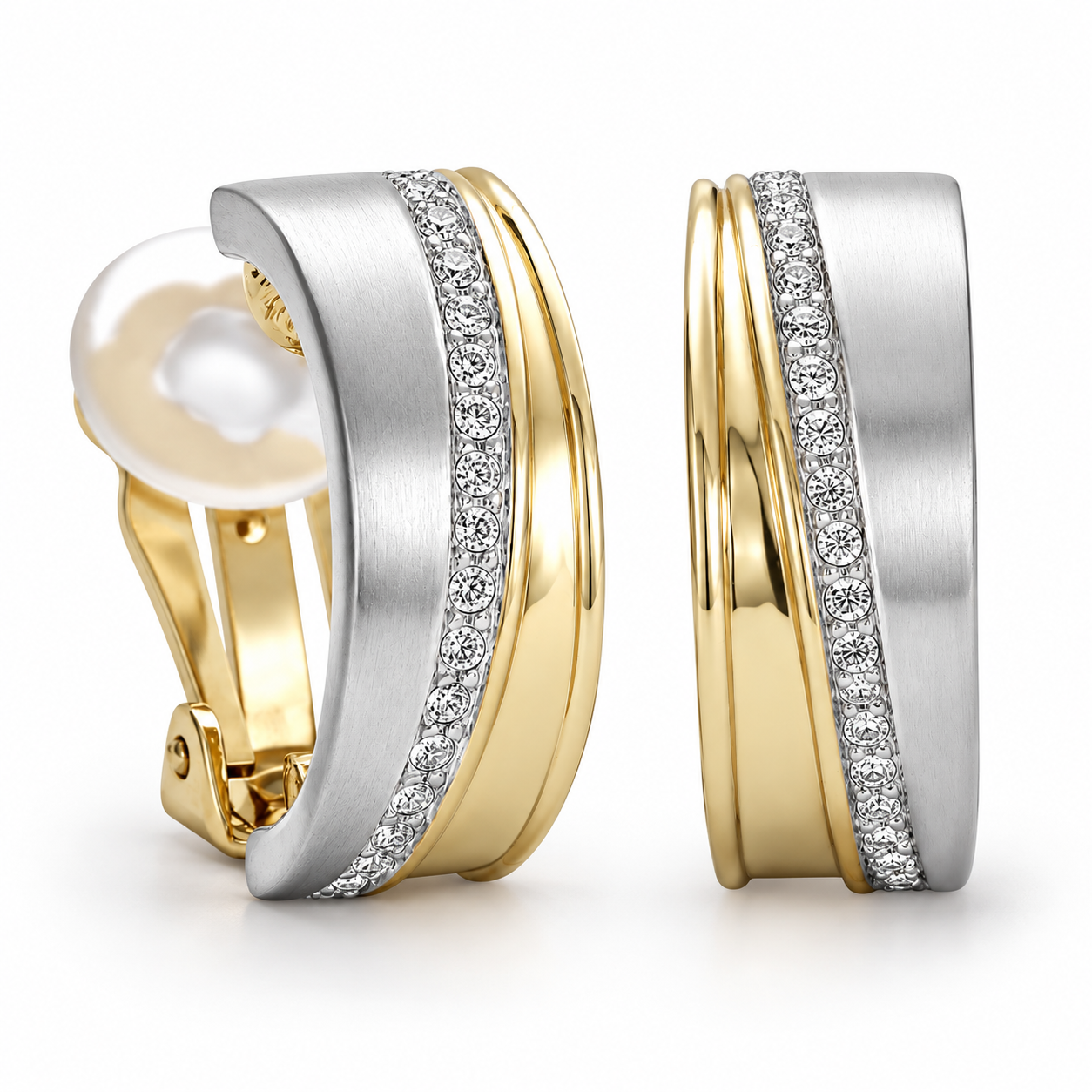 Ohrclips aus Weiß- und Gelbgold mit Diamantstreifen und Perle