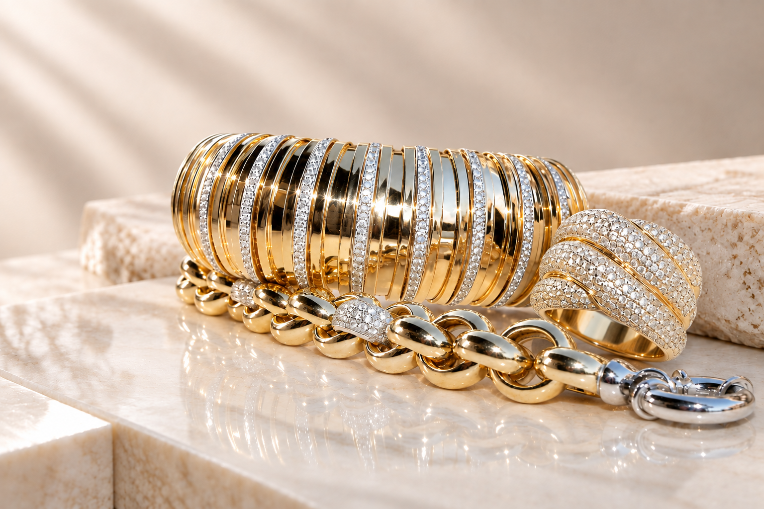 Armreif, Armband und Ring aus 925/- Silber vergoldet mit unterschiedlichen Oberflächen auf heller Schmuckablage